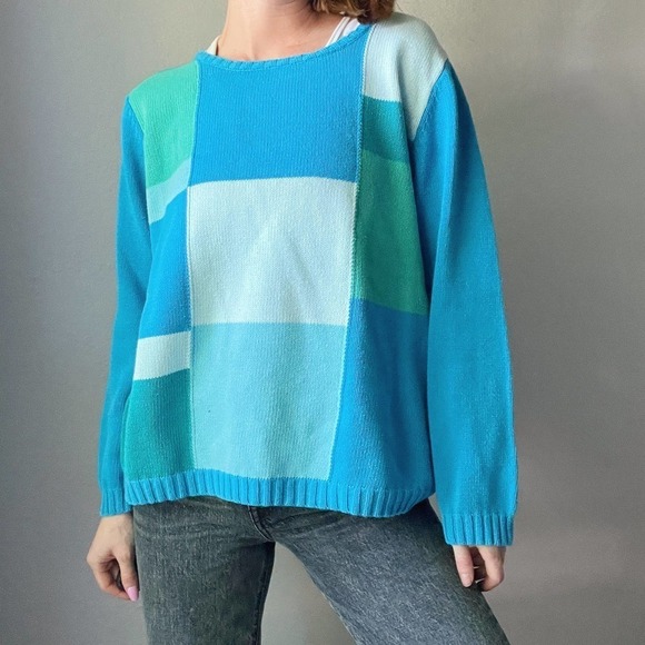 Vintage Blue Turquoise Color Block Knit Crewneck Sweater - Picture 2 of 7